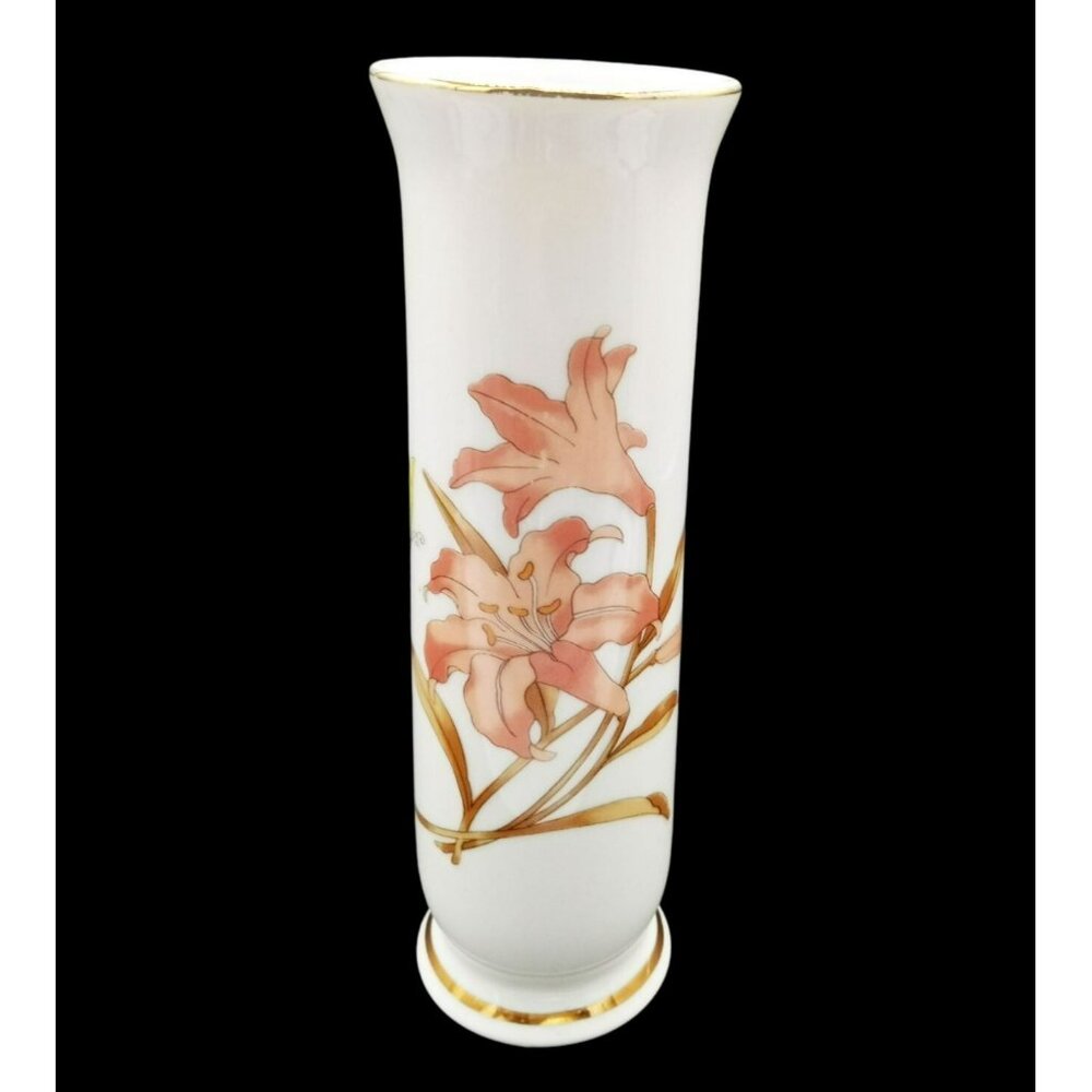 Floral Porcelain Bud Vase Pink Lilies Yellow Butterfly Gold Trim 6.75" Vintage